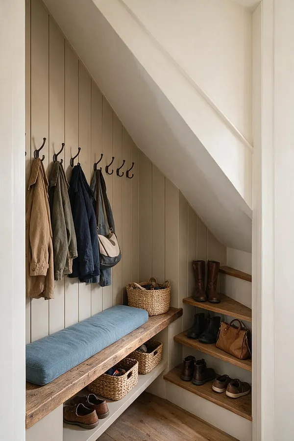 A narrow farmhouse-style closet tucked under a staircase, with vertical shiplap walls, black wall hooks holding coats, a rustic wood bench with a blue cushion, woven storage baskets, and wooden shelves lined with boots and bags. The space uses warm neutral tones and natural textures.