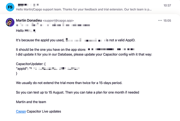 The image displays an email conversation regarding a trial extension for a client.