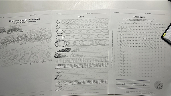The image displays three sheets of calligraphy homework focused on hand gestures and drills.