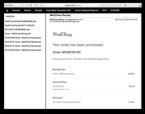 The image shows a browser window displaying a MailChimp receipt within a bookkeeping app interface.