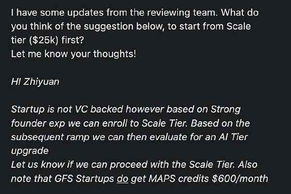 Email update discussing eligibility for Google Cloud credits starting with Scale tier of $25k for three years with subsequent possible upgrade.