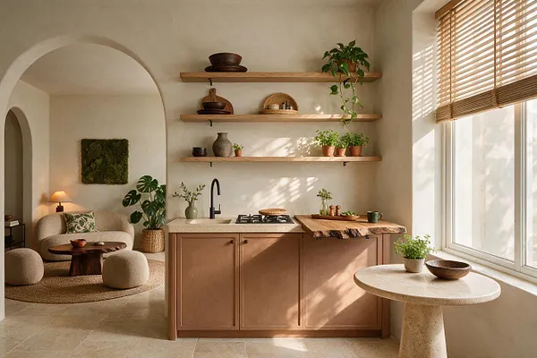 A warm studio apartment with an arched alcove lounge, floating wooden shelves, potted plants, and a compact kitchen with terracotta cabinetry and a wood butcher-block counter. Large windows with bamboo blinds bring in natural light, while beige, clay, and greenery create a calm biophilic atmosphere.