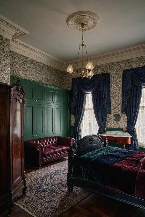 A Victorian-style master bedroom with floral wallpaper, carved crown molding, and a brass chandelier centered on the ceiling. The room features a dark wood bed with jewel-toned velvet bedding, a burgundy tufted leather sofa, green built-in wardrobes, heavy navy drapes, and a patterned oriental rug on a dark wood floor.