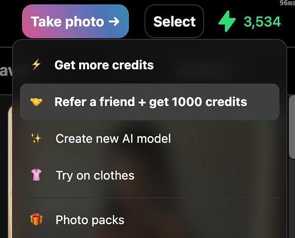 The image displays a user interface for a photo-related application with a menu for gaining credits.