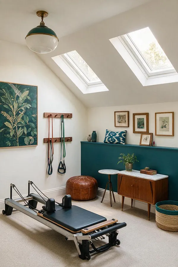 A bright home gym with sloped ceilings, two skylights, and a vintage-style ceiling light. The room mixes workout equipment with decorative accents, including a reformer, resistance bands on wood wall mounts, framed botanical art, a teal half-wall, a leather pouf, and mid-century wood storage.