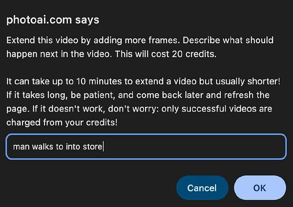 The image displays a user interface for extending a video with a text input field for user instructions.
