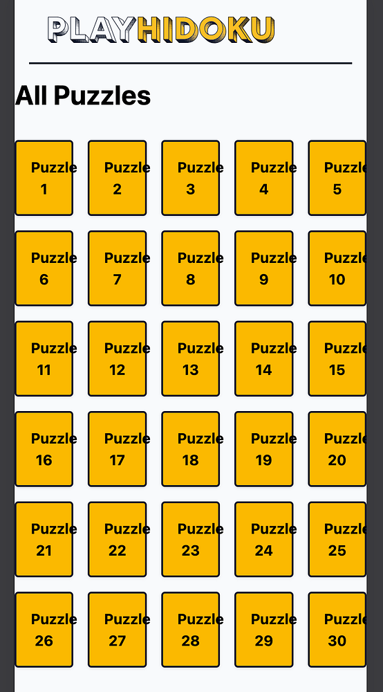 A mobile interface displaying a grid of puzzle options for the game Hidoku.