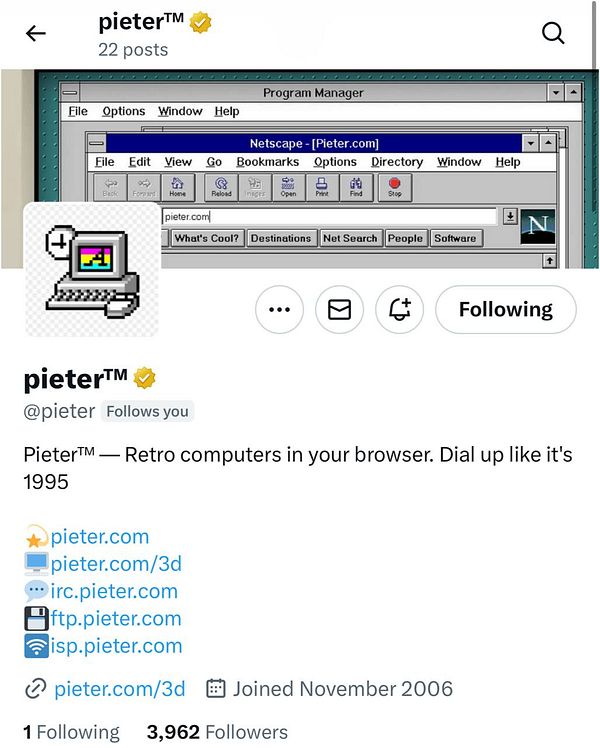 The image displays a retro-themed social media profile for 'pieterTM' featuring a vintage computer interface.
