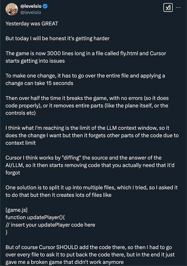 A Twitter post discussing challenges faced while developing a game using Cursor.