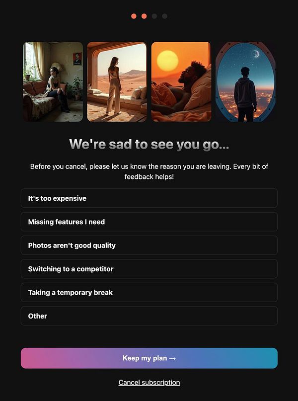 The image displays a cancellation feedback page with a dark theme and three illustrative photos.