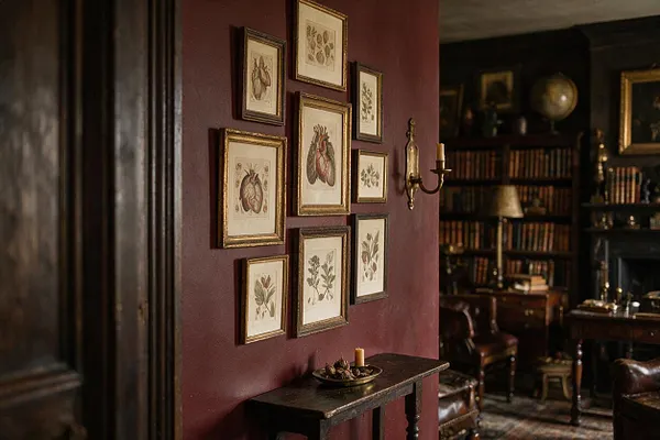 A dimly lit Dark Academia interior with burgundy walls, a cluster of framed botanical and anatomical prints, and a brass wall sconce. A narrow dark wood console sits below the artwork with a small decorative bowl, while bookshelves, leather chairs, and a globe-filled study appear in the background.