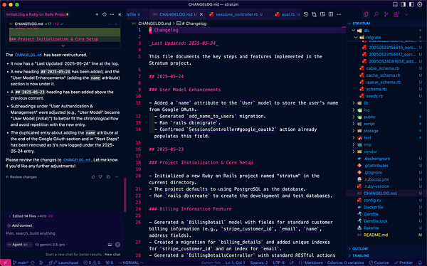 The image displays a code editor interface showing a CHANGELOG.md file for a Ruby on Rails project.