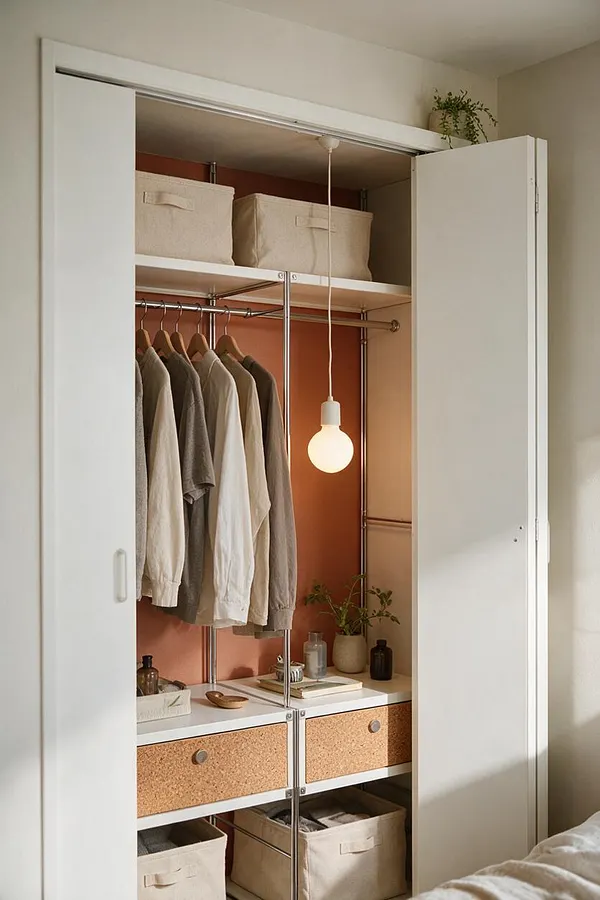 A modern closet with white sliding doors opened to reveal a built-in storage system. Inside are hanging neutral-toned clothes, fabric storage bins, cork-front drawers, a warm terracotta back panel, and a small hanging bulb light.