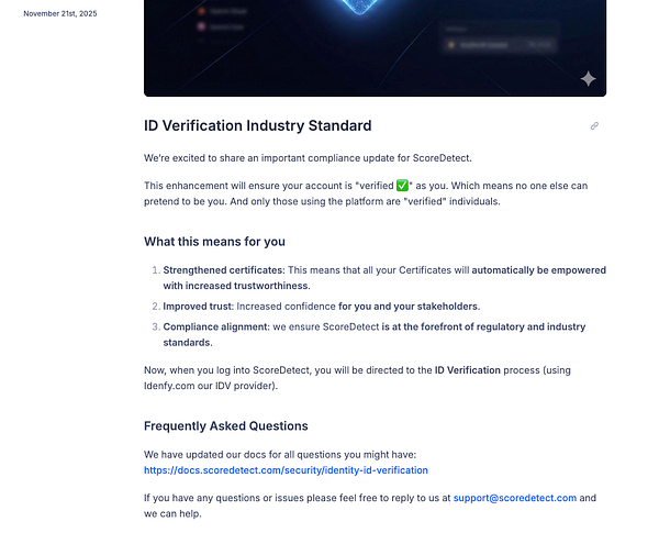 The image presents an announcement regarding the ID Verification requirement for ScoreDetect.