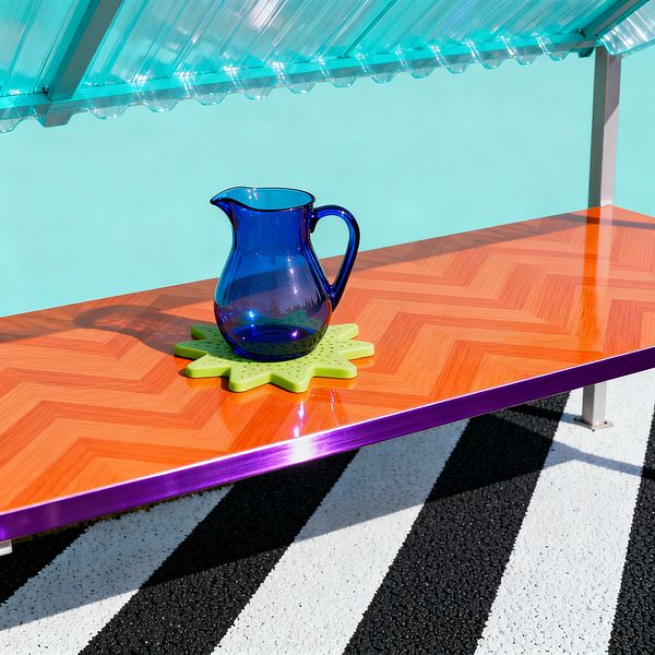 A cobalt-blue glass pitcher sits on a lime-green starburst trivet atop a glossy orange table with a chevron woodgrain pattern and purple metal edge. Overhead, a corrugated turquoise canopy casts sharp shadows, with an aqua backdrop and black-and-white diagonal stripes underfoot; brushed metal legs support the table, creating a bright, graphic patio scene defined by saturated colors, reflective surfaces, and playful geometric contrasts.