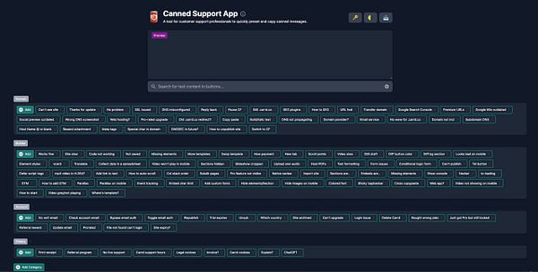 The image displays the interface of the Canned Support App, designed for customer support professionals to manage preset messages.
