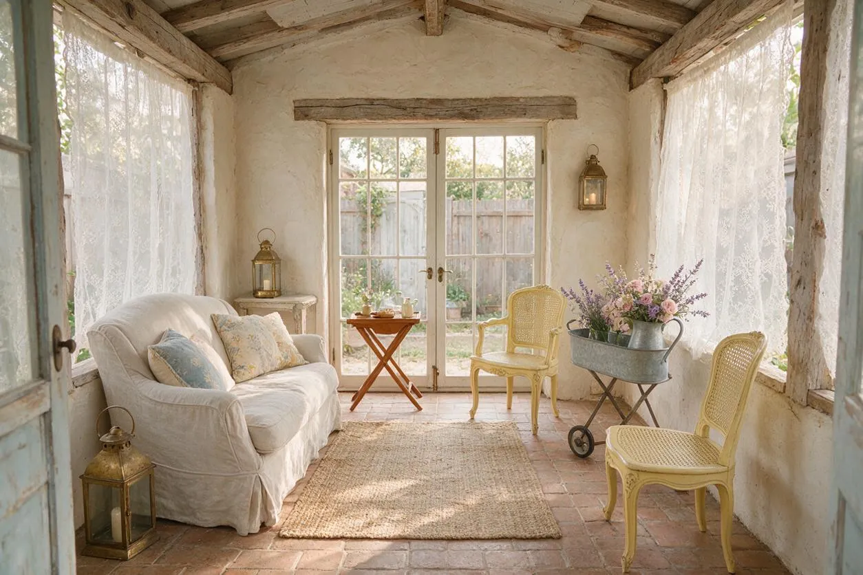 A cozy French Country backyard sunroom with plaster walls, exposed wooden beams, and lace curtains filtering soft daylight. The space includes a slipcovered sofa, two pale yellow rattan chairs, lanterns, a woven rug, a small folding table, and a metal flower cart filled with lavender-toned blooms.