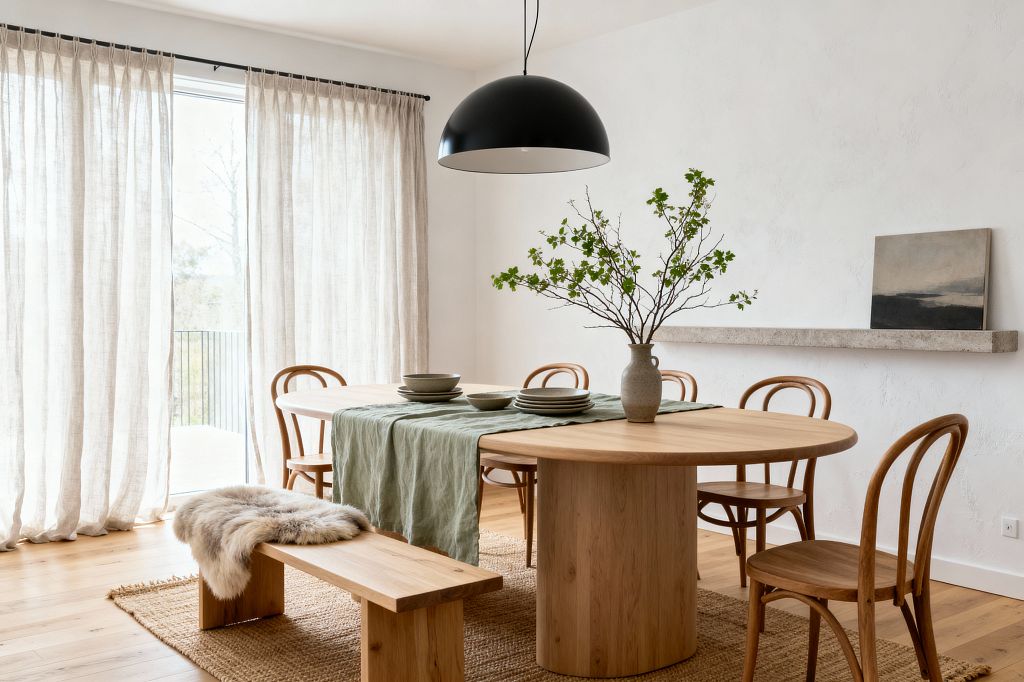 A bright Scandinavian dining room with a light oak oval pedestal table, bentwood chairs, and a matching bench on a jute rug. Sheer beige linen curtains cover a large window, and a matte black dome pendant hangs above. The table holds a sage green linen runner, stacked stoneware dishes, and a ceramic vase filled with leafy branches. White textured walls include a slim concrete ledge displaying a small landscape artwork for a calm, natural feel.