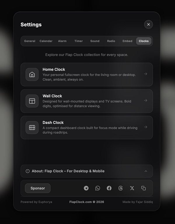 Screenshot of the Flap Clock settings page with various tab options visible on the left sidebar and a user-selected 'Tab 3' clock feature on the right.