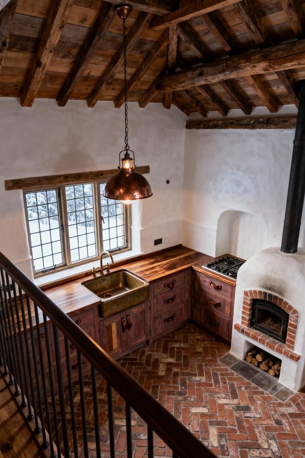 A compact rustic kitchen features exposed timber rafters, warm white plaster walls, and an L-shaped run of dark wood cabinets with a butcher-block countertop. A burnished brass farmhouse sink and bridge faucet sit below a leaded glass window. Square white tiles line a recessed gas cooktop niche next to a plastered oven with a brick arch and log storage. The floor is herringbone brick, and a copper pendant hangs from a chain overhead.