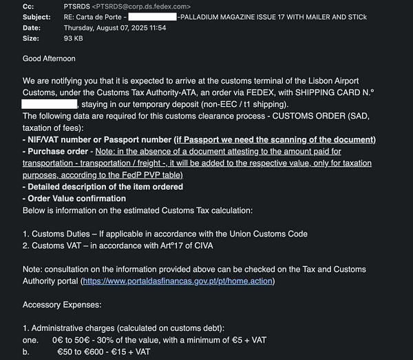 An email notification regarding customs clearance for a FedEx shipment of Palladium Magazine stuck in Portuguese customs.