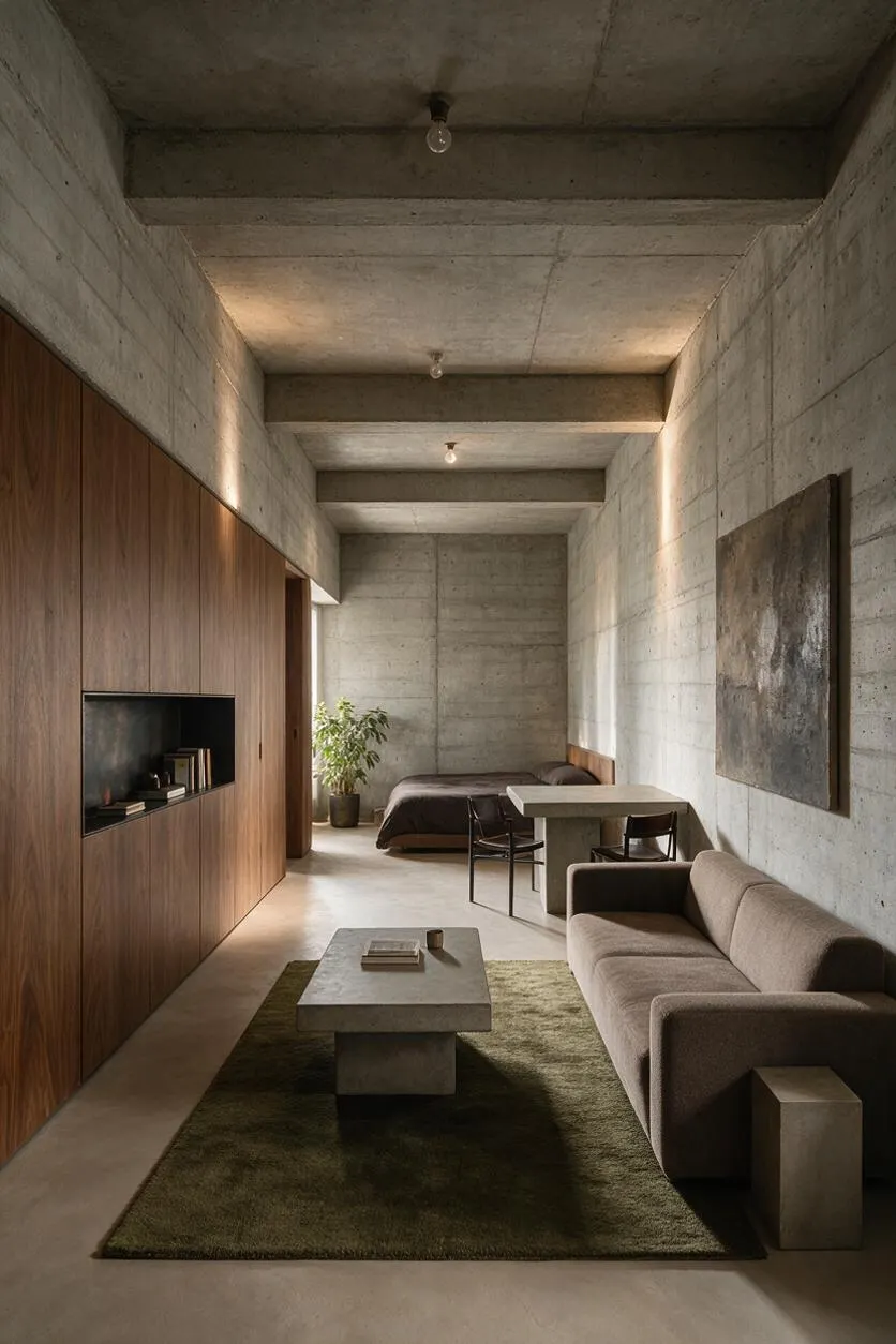 A narrow studio apartment with raw concrete walls and ceiling beams, warmed by tall wood-paneled storage on the left and soft beige upholstery on the right. The space includes a low concrete coffee table on an olive-green rug, a simple dining table, a bed at the back, and a small potted plant near natural light.