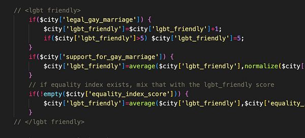 The image displays a snippet of code related to evaluating LGBTQ friendliness in cities.
