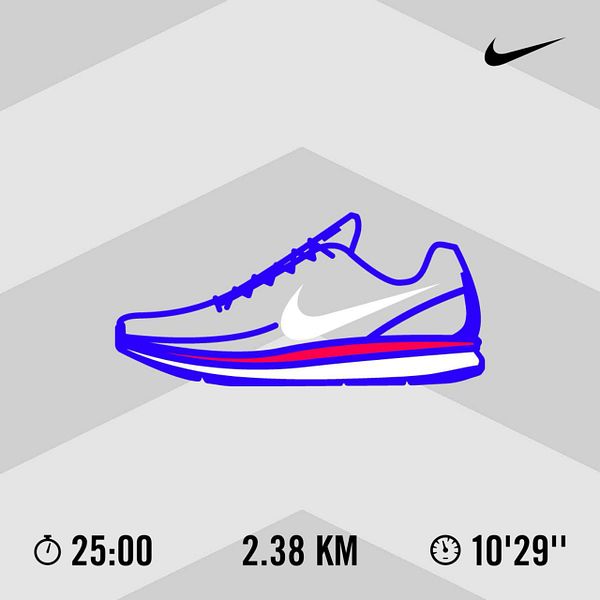 The image features a stylized representation of a running shoe alongside running statistics.