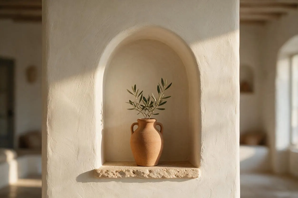 A Mediterranean-style interior wall features a soft plaster arched niche with a small terracotta urn holding olive branches. The creamy textured finish and rough stone shelf are bathed in warm sunlight, creating a calm, earthy atmosphere.
