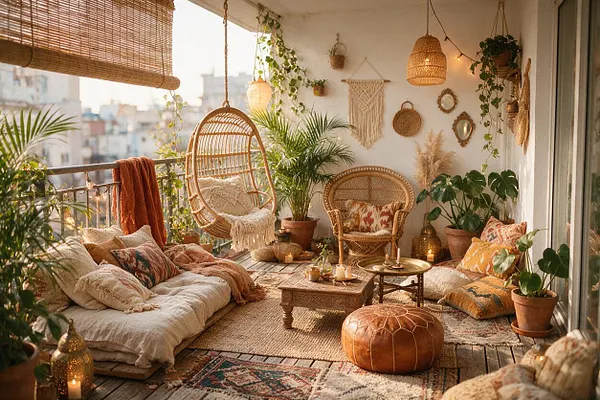 A cozy bohemian balcony filled with layered rugs, floor cushions, a low daybed, and wicker and rattan seating. Hanging plants, macramé wall decor, woven lanterns, and warm terracotta accents create a relaxed outdoor retreat in soft sunlight.