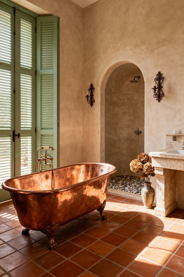Sunlit French country bathroom with sage-green louvered shutters, terracotta floor tiles, and warm plaster walls. A hammered copper clawfoot bathtub with brass taps stands near a carved limestone sink console. An arched niche reveals a walk-in shower with a river-pebble floor and a dark metal rainfall head. Wrought-iron wall sconces and a vase of dried flowers add rustic accents, while soft natural light casts warm shadows across the space.