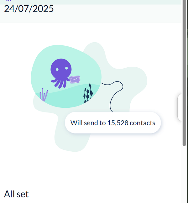 An illustration depicting an octopus preparing to send a newsletter to a large number of contacts.