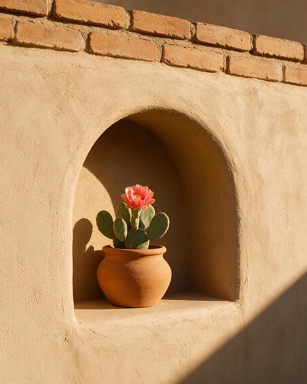 A Southwestern stucco wall with a rounded recessed niche holds a terracotta pot containing a prickly pear cactus with a single pink bloom. Exposed brick runs along the top edge, and warm sunlight creates soft shadows across the textured beige surface.