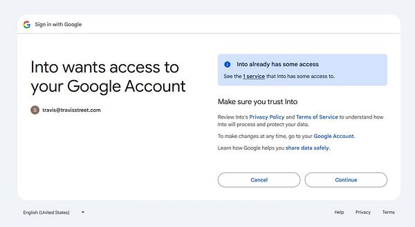 The image displays a Google sign-in interface requesting access for the Into booking system app.