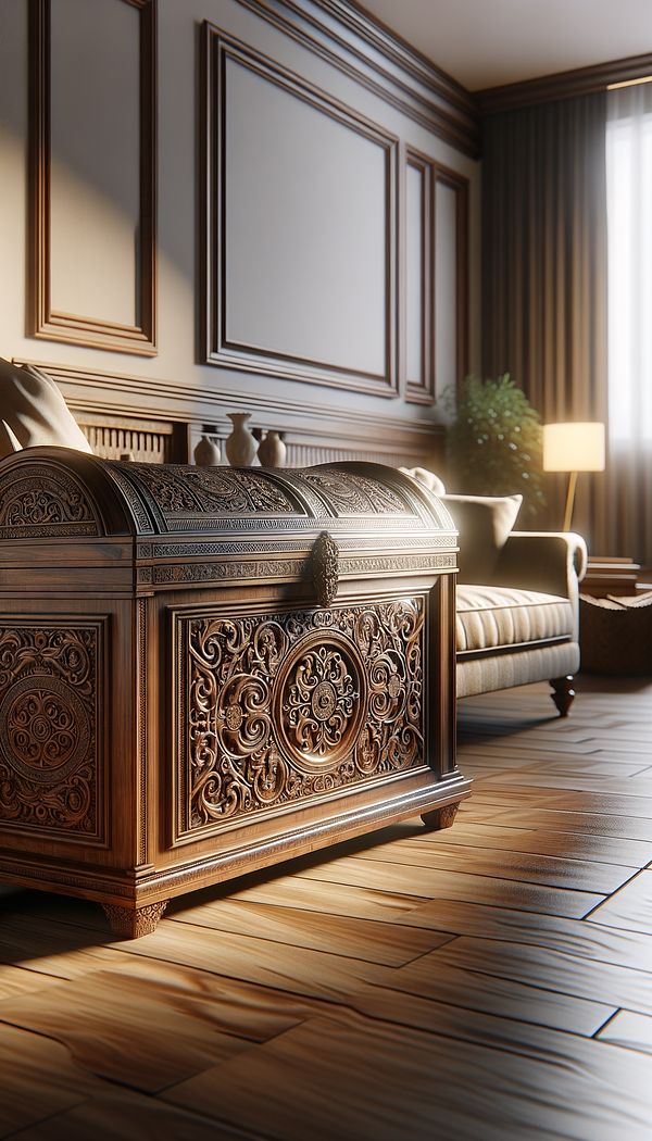 An antique wooden chest with intricate carvings, placed in a cozy, well-lit living room.