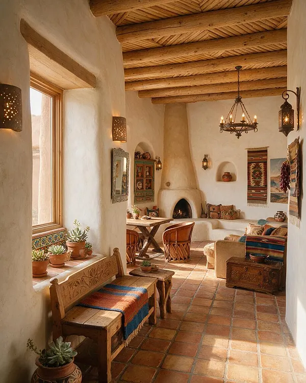 A warm Southwestern sunroom with white adobe walls, a terracotta tile floor, and exposed wooden ceiling beams. The room includes a built-in fireplace, rustic wooden and wicker furniture, patterned textiles, potted succulents, and decorative lantern-style wall sconces.