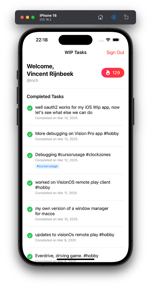 A task management interface displaying completed tasks for a user named Vincent Rijnbeek.
