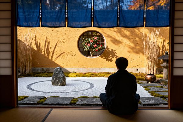 View from a Japanese room with tatami flooring and shoji screens onto a small Zen patio garden, where indigo fabric noren hang above a textured ochre wall with a round window framing a blooming camellia. In the foreground, raked white gravel forms concentric circles around a single upright stone, bordered by moss, stepping stones, a stone lantern, bundled reeds, and a small bronze vessel, while a person sits quietly facing the scene.