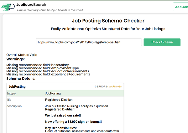 The image displays a job posting schema checker interface with validation results for a Registered Dietitian position.