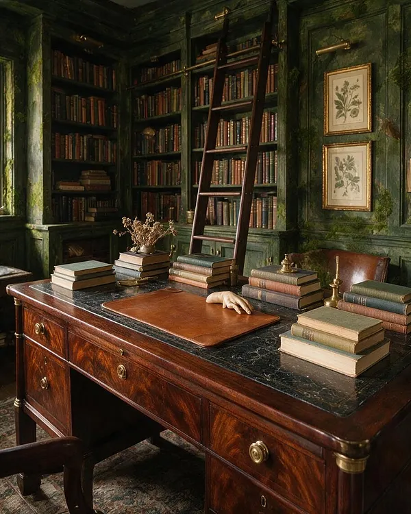 A dark academia home office with floor-to-ceiling bookshelves, a large wooden desk topped with stacked books and a leather writing pad, and a leaning library ladder. The walls are deep green with an aged, moody finish, accented by framed botanical prints and brass details.