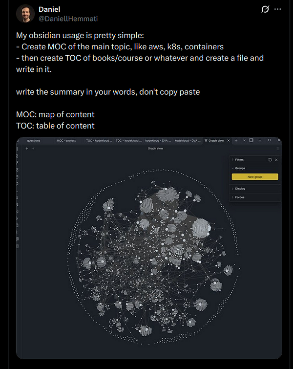 Handwritten notes about using Obsidian with two main steps and additional thoughts.