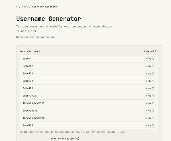 Screenshot of a username generator app showing a generated username and input options for preferences and filters.