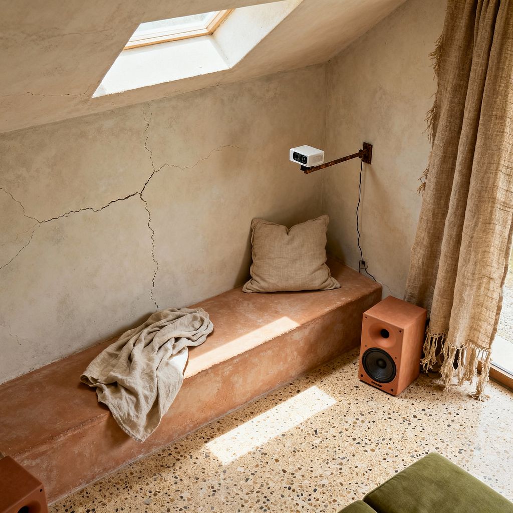 A small media room with limewash plaster walls showing natural cracks, a clay-rendered built-in bench topped with a neutral linen pillow and a casually draped throw, and speckled terrazzo flooring. A compact white projector is mounted on a rusted steel swing arm above a terracotta-colored speaker, while loosely woven, fringed natural drapes hang near a glass door; an olive cushion peeks in, all bathed in light from a roof skylight.