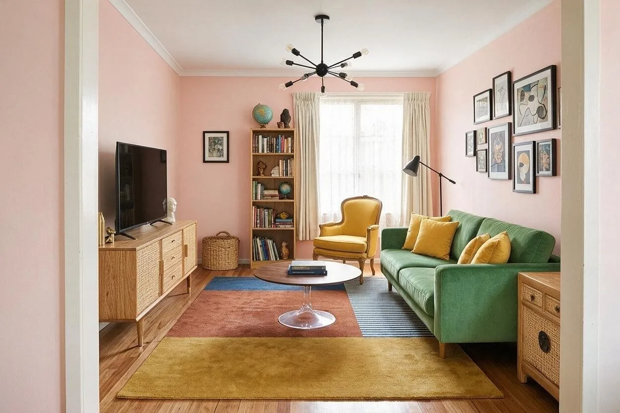 The same Eclectic living room in the Pink and Green palette: blush, leaf green, mustard, black, and rattan