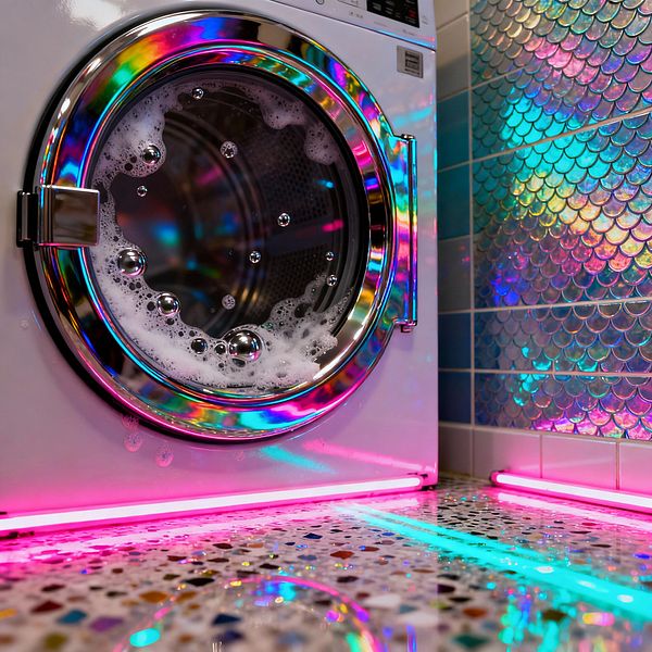 A close view of a white front-loading washing machine shows a chrome-rimmed door filled with soapy bubbles, reflecting saturated colors from nearby lighting. Neon pink and aqua LED tube lights run along the base of the wall, casting prismatic streaks across a terrazzo floor with multicolored chips. To the right, a wall features iridescent fish-scale mosaic tiles beside a grid of pale blue and white ceramic tiles, creating a glossy, rainbow shimmer typical of a psychedelic interior.