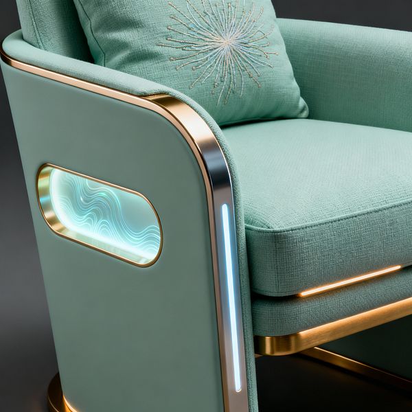 A close-up of a futuristic lounge chair in mint green upholstery shows rounded arms edged in satin brass with integrated cool-white LED lighting. A frosted acrylic panel inset in the arm glows aqua with a flowing line pattern, while a slim light band runs beneath the seat over a brushed metal base; a matching cushion displays a starburst embroidery, all set against a dark background that emphasizes the gentle sheen and luminous details.