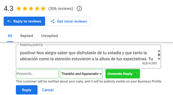 The image displays a user interface for responding to reviews on a business profile.