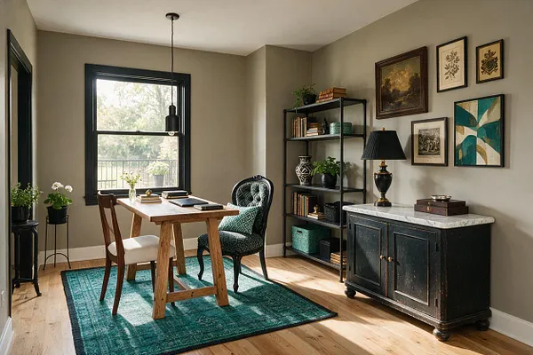 A stylish eclectic home office with a wood desk centered on a teal patterned rug, paired with mixed seating including a green upholstered accent chair and a simple wooden chair. Black-framed windows, a dark bookcase, a vintage black cabinet with a white top, and a gallery wall of framed art create a layered, collected look.
