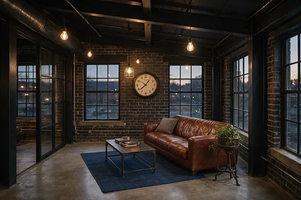 A moody industrial sunroom with exposed dark brick walls, black steel window frames, and a visible ceiling duct. A brown leather sofa sits beside a small metal coffee table on a navy rug, with hanging exposed bulbs, a wall clock, and a potted plant adding warmth.
