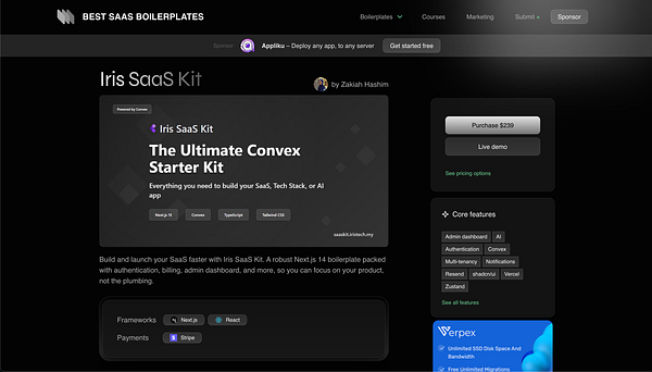 The image displays a promotional webpage for the Iris SaaS Kit, a boilerplate for building SaaS applications using Next.js and Convex.